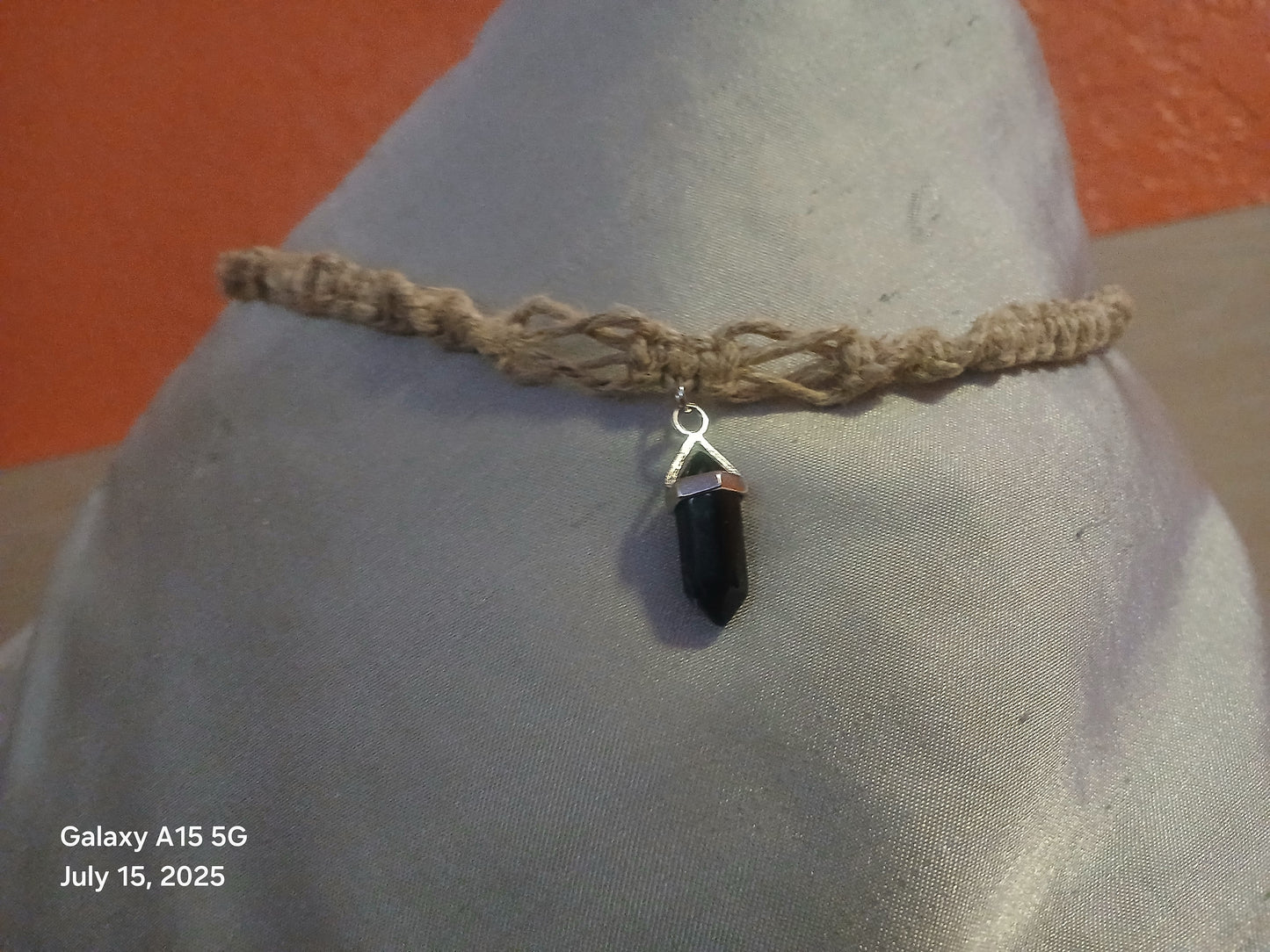 Handmade 16" Hemp Necklace with Black Jasper Crystal – Infused with Happiness Intention